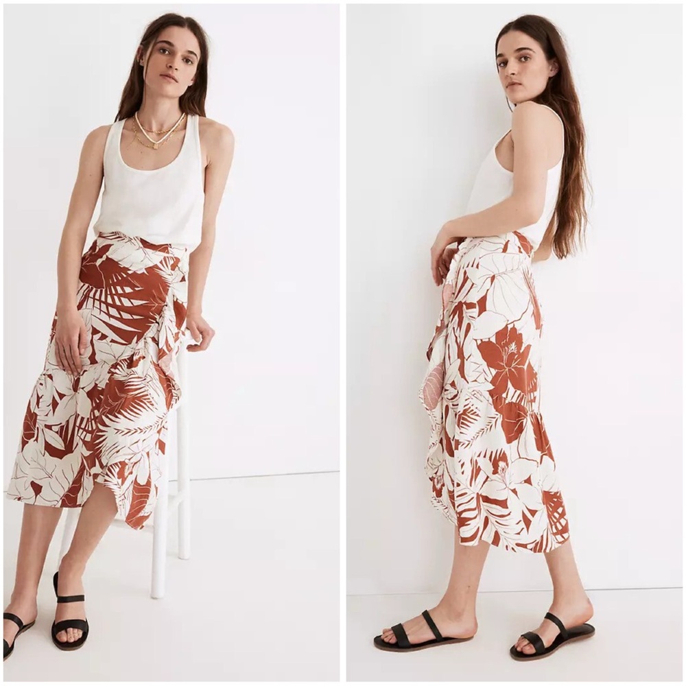 Madewell Tropical Vacation Ruffle Linen Blend Midi Wrap Skirt